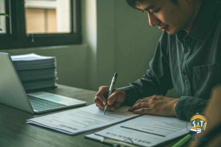 Құжат толтырып жатқан талапкер. Нейрожелі арқылы жасалған көрнекі сурет: SaqTimes